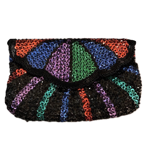Vintage 70s 80s La Regale Rainbow Sequin Beaded Tropical Colorful Carnival Bag - Picture 1 of 8